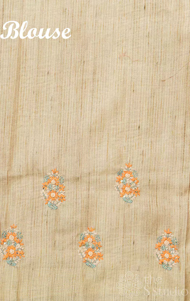 Orange semi tussar saree with kantha embroidery