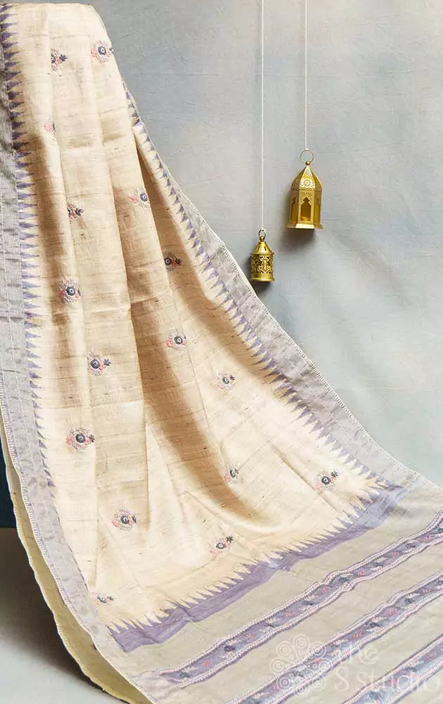 Off white semi tussar saree with hand embroidery