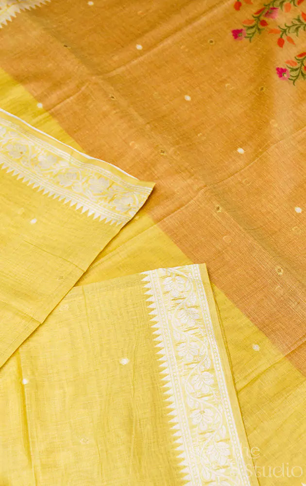 Mustard linen silk saree with floral border