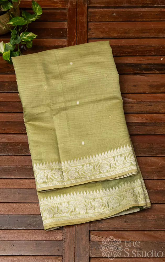 Methi green linen silk saree with floral border