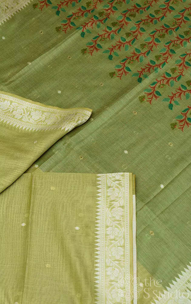 Methi green linen silk saree with floral border