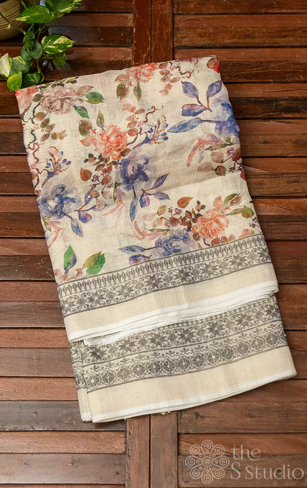 Off White Linen silk saree with multi colour print and embroidery