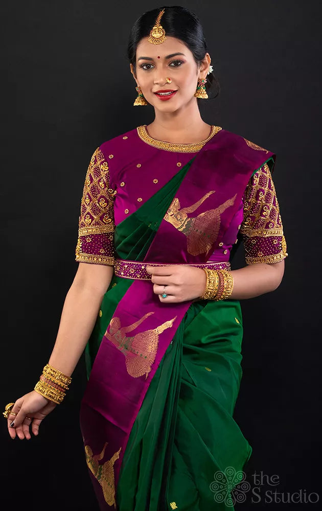 Green kanchipuram silk saree with dancing lady border
