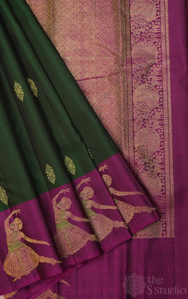 Green kanchipuram silk saree with dancing lady border