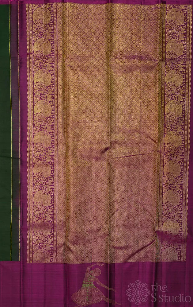 Green kanchipuram silk saree with dancing lady border