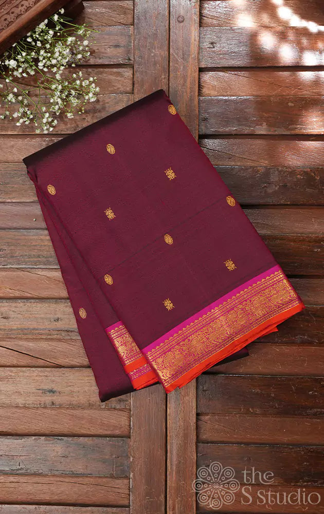 Brown kanchi silk saree with rani pink border