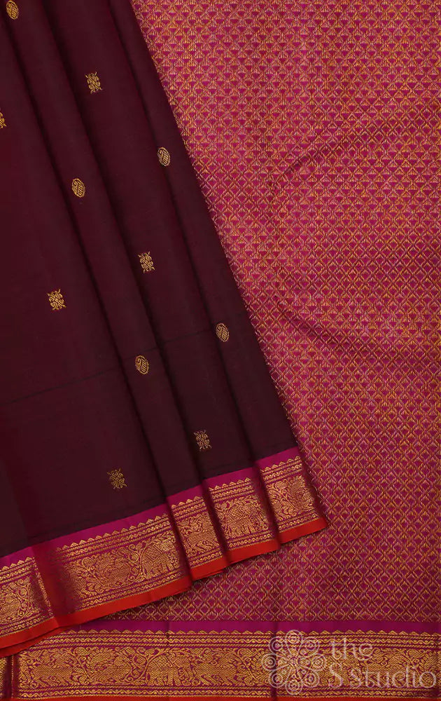 Brown kanchi silk saree with rani pink border