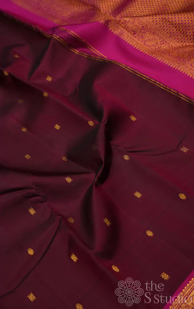 Brown kanchi silk saree with rani pink border