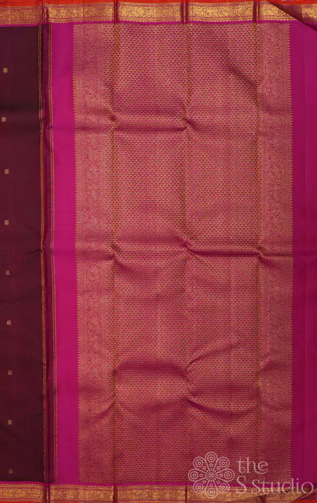 Brown kanchi silk saree with rani pink border