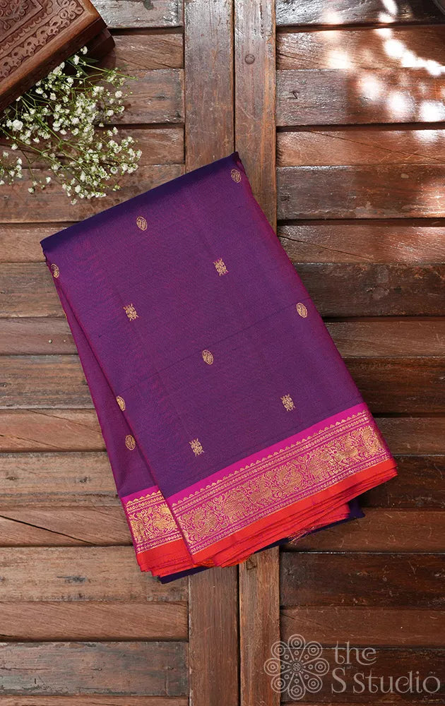 Purple kanchipuram silk saree with rani pink small border