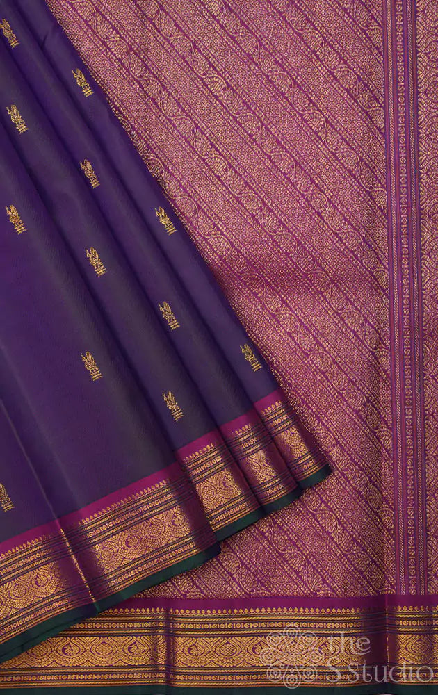 Violet kanjivaram silk saree with green selvedge