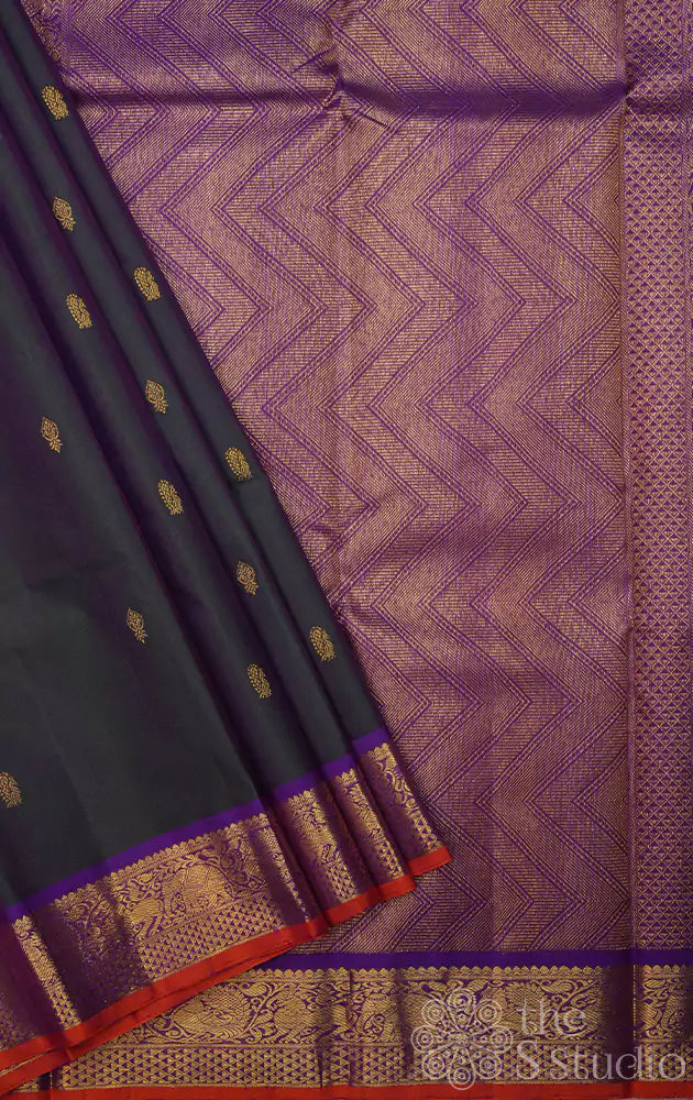 Peacock blue kanchi silk saree with violet border