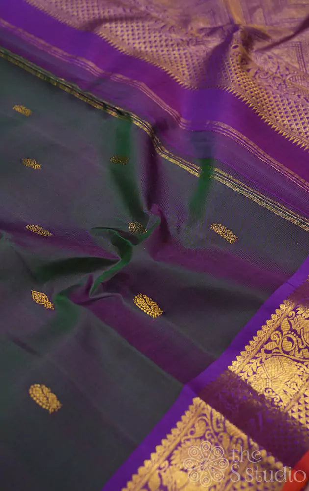 Peacock blue kanchi silk saree with violet border