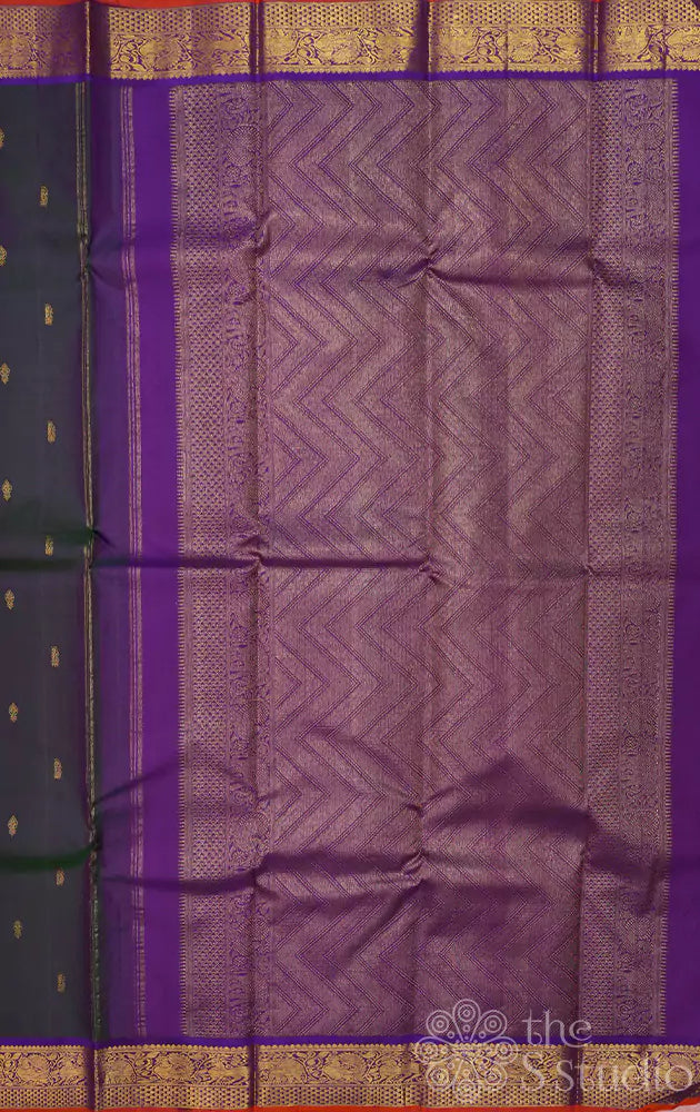 Peacock blue kanchi silk saree with violet border