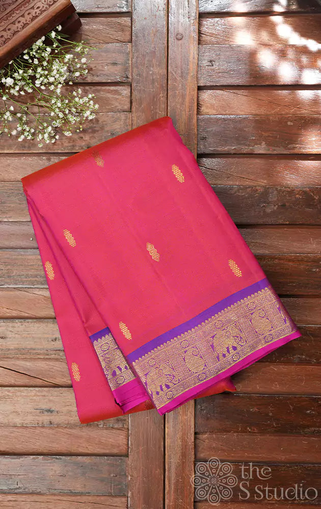 Peacish pink kanjivaram silk with purple border