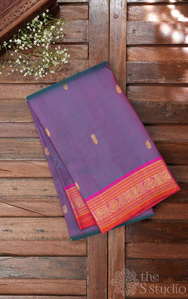 Dark lavender kanjivaram silk saree with contrast pallu and border