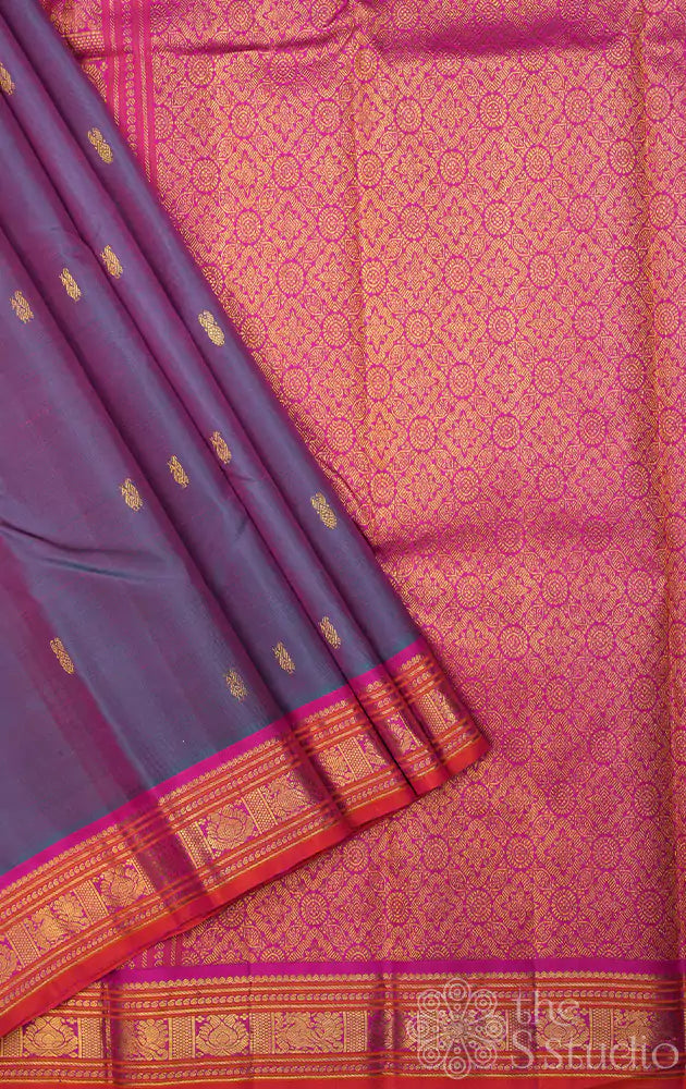 Dark lavender kanjivaram silk saree with contrast pallu and border