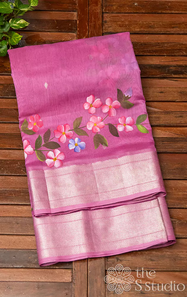 Pink maheshwari silk cotton saree with handpainted floral prints