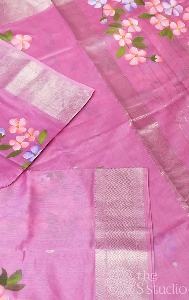 Pink maheshwari silk cotton saree with handpainted floral prints