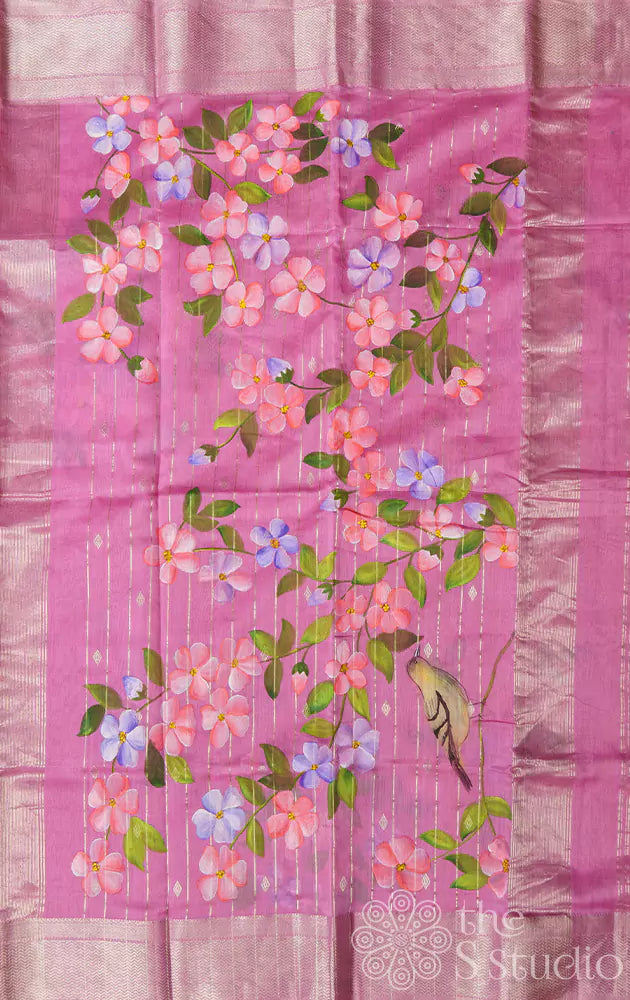 Pink maheshwari silk cotton saree with handpainted floral prints