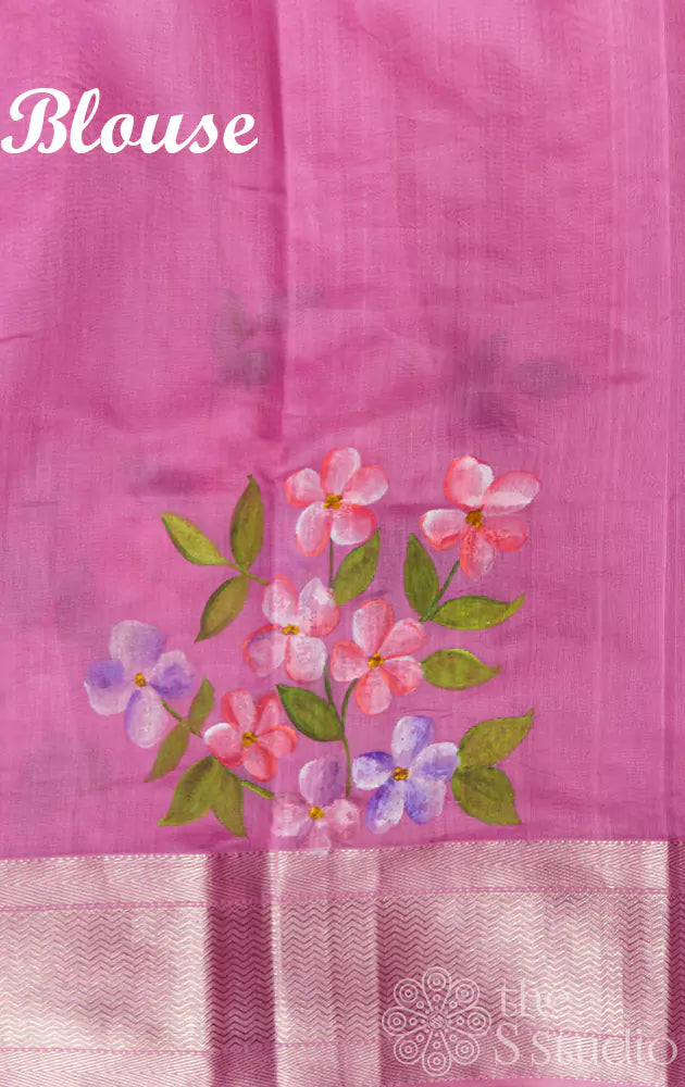 Pink maheshwari silk cotton saree with handpainted floral prints