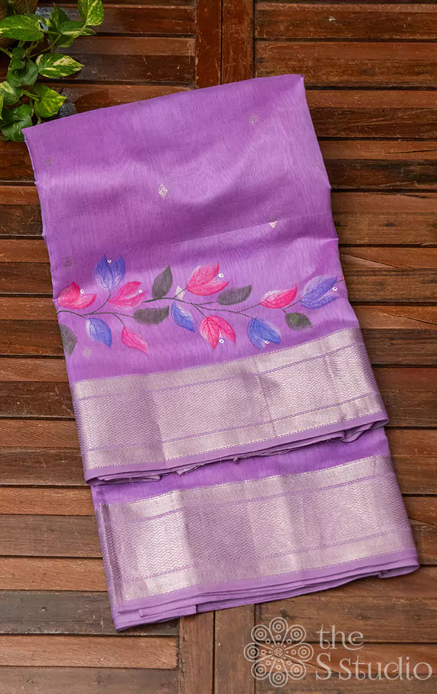 Lavender maheshwari silk cotton saree with hand painted floral motifs