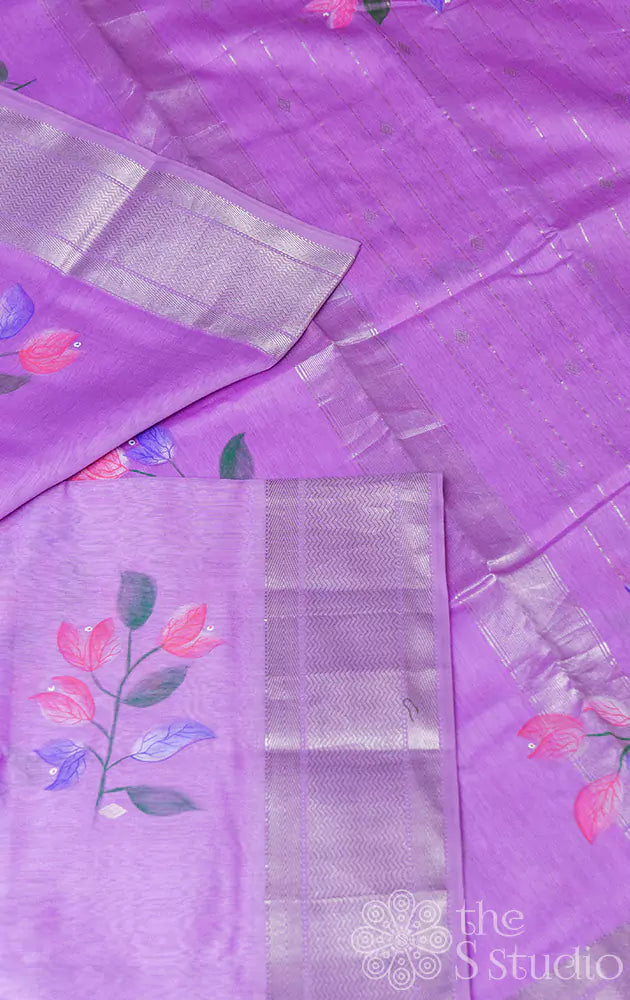 Lavender maheshwari silk cotton saree with hand painted floral motifs