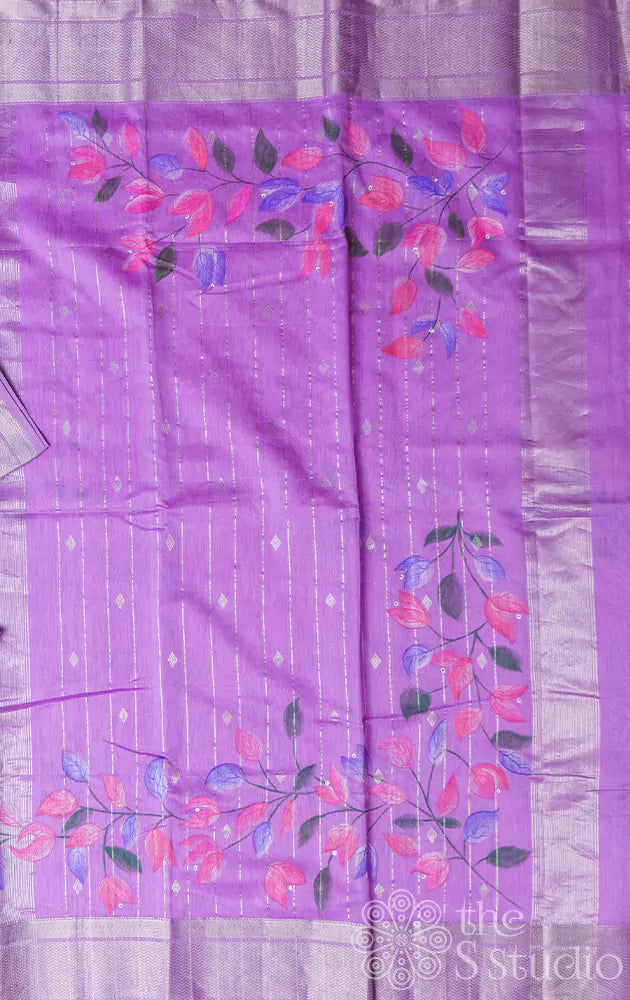 Lavender maheshwari silk cotton saree with hand painted floral motifs