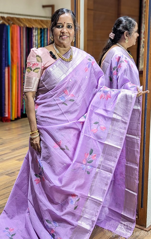 Lavender maheshwari silk cotton saree with hand painted floral motifs