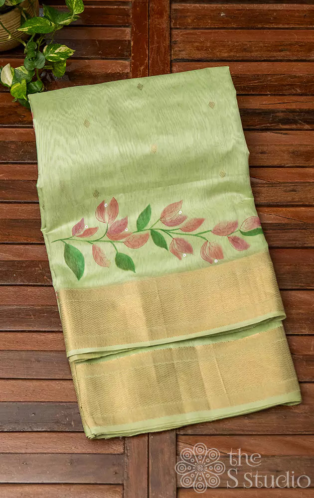 Light green maheshwari handpainted saree with zari border