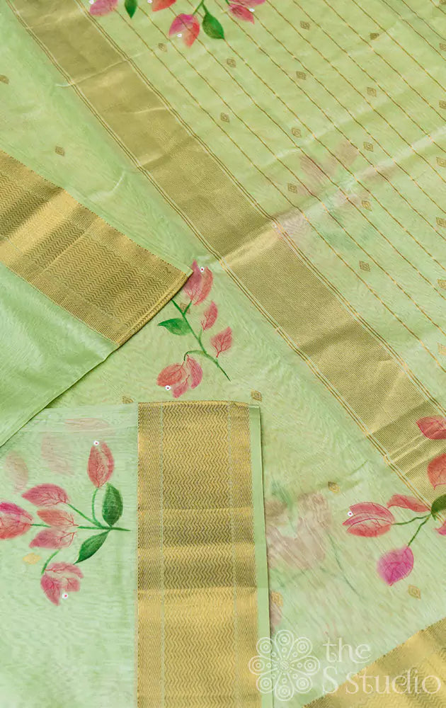 Light green maheshwari handpainted saree with zari border