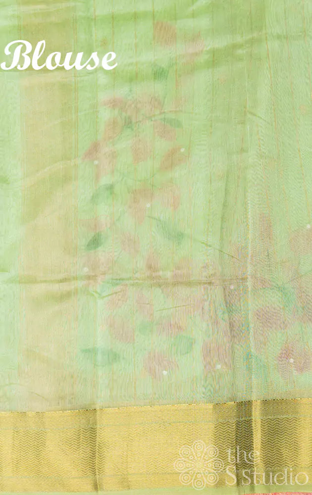 Light green maheshwari handpainted saree with zari border