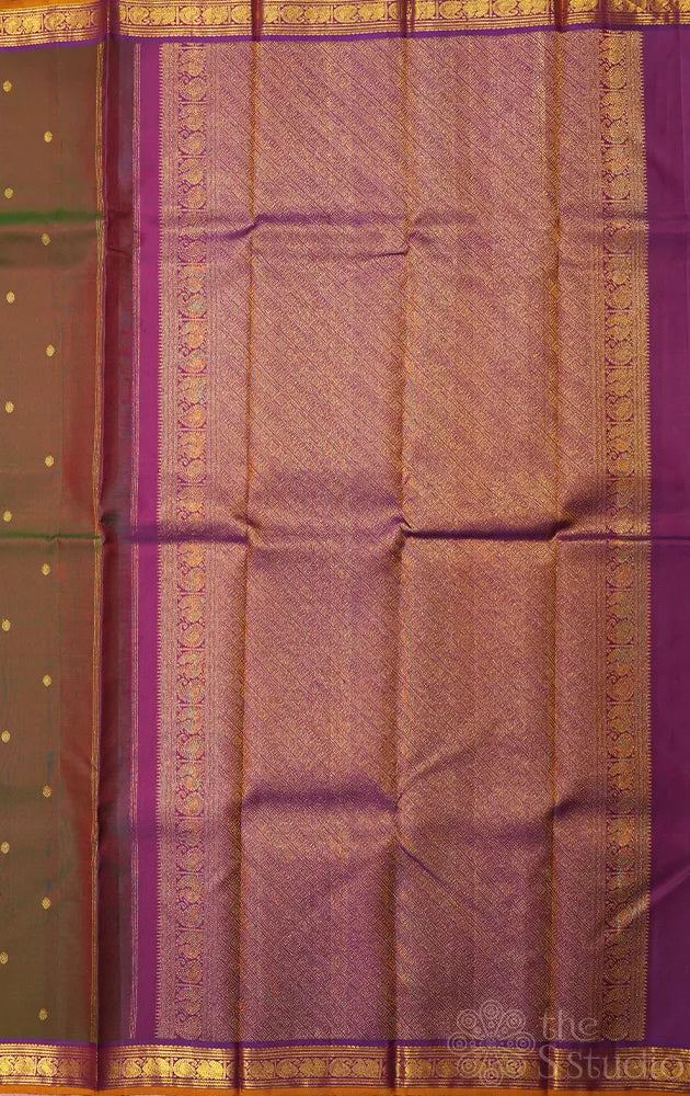 Manthulir green kanjivaram silk saree with purple small border