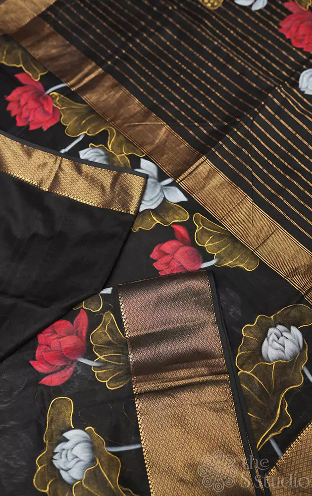 Black handpainted maheshwari silk cotton saree with floral designs