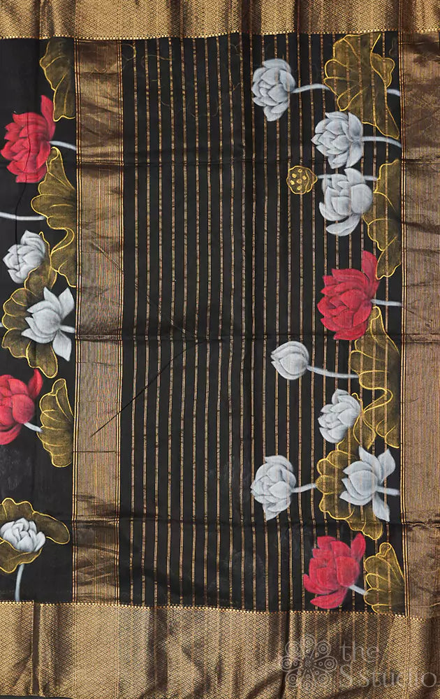 Black handpainted maheshwari silk cotton saree with floral designs