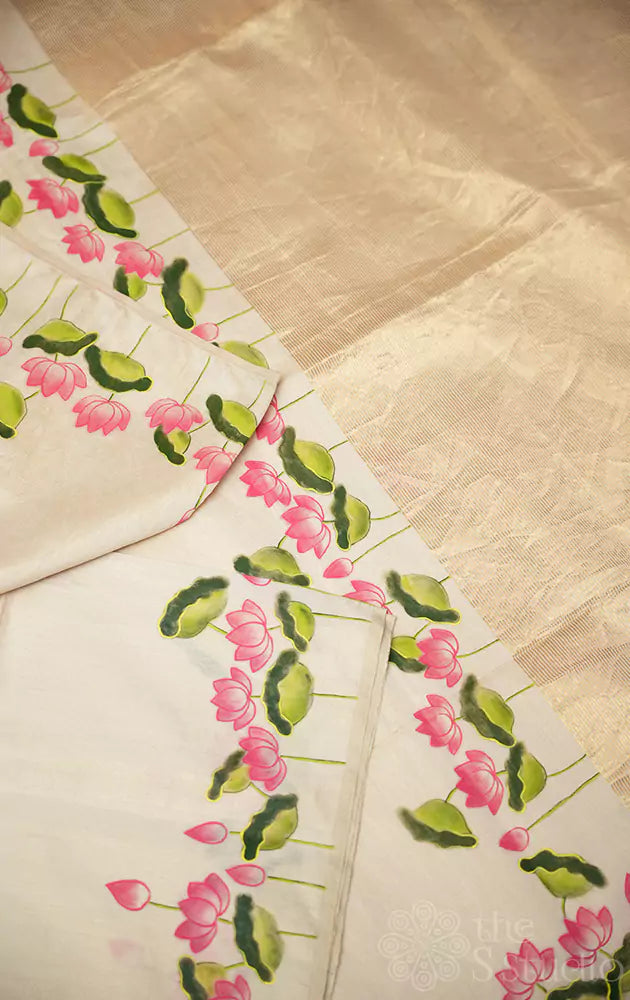 Off white maheshwari tissue silk saree with hand painted pichwai designs