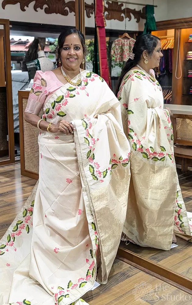 Off white maheshwari tissue silk saree with hand painted pichwai designs