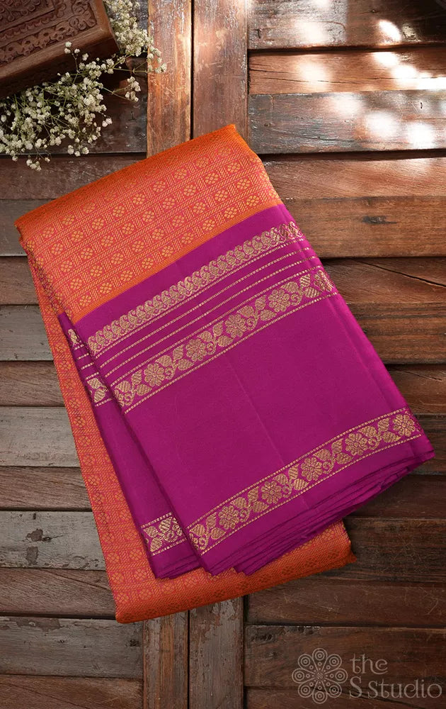 Peachish orange kanjivaram silk saree with ranipink border