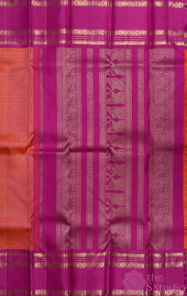 Peachish orange kanjivaram silk saree with ranipink border