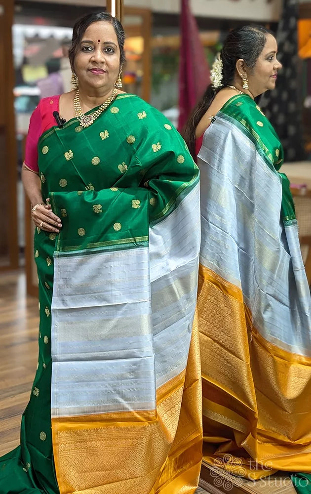 Green bird motifs kanchi silk with a double pallu