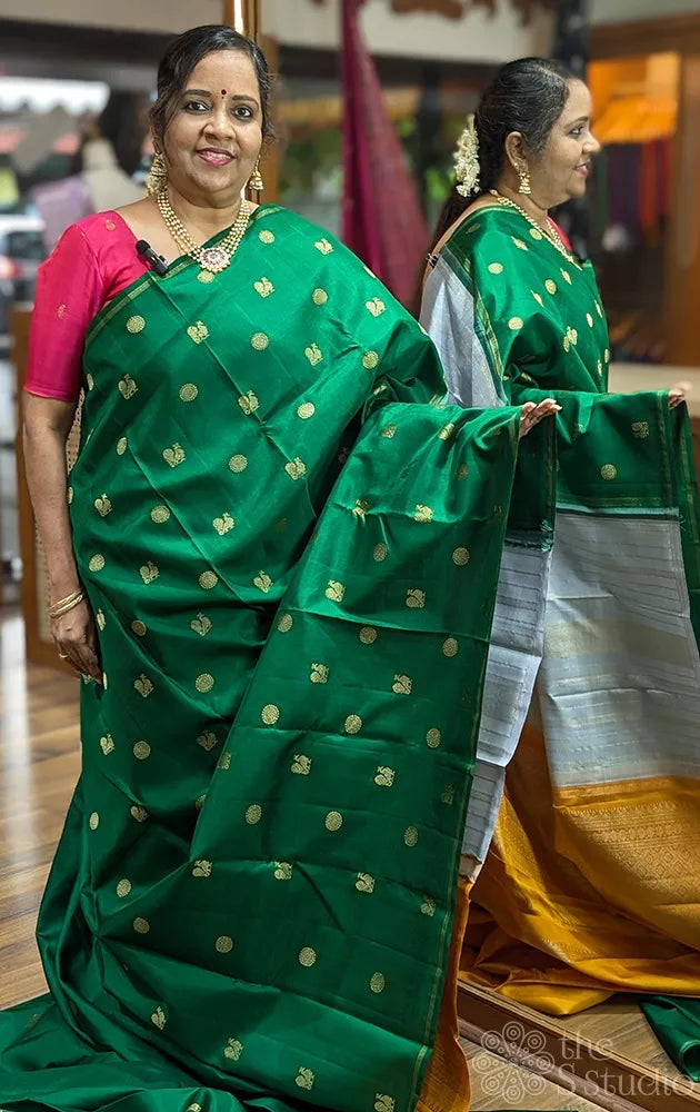 Green bird motifs kanchi silk with a double pallu