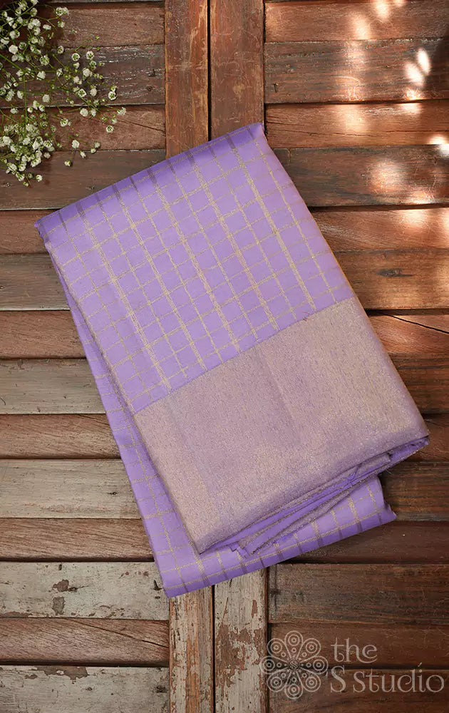 Lavender zari checked kanchi silk saree with ettu kol zari border