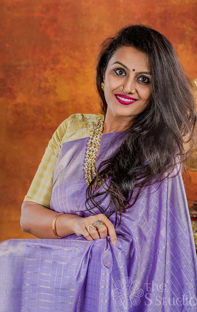 Lavender zari checked kanchi silk saree with ettu kol zari border