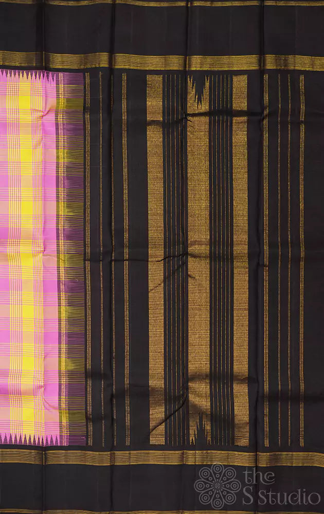 Yellow and pink checked kanjivaram silk saree