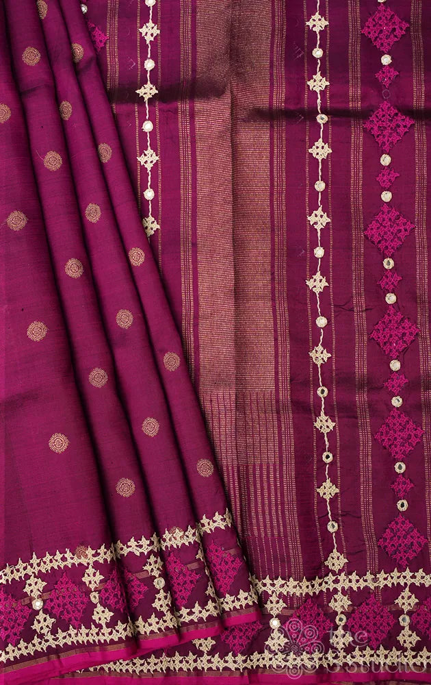 Magenta kanchipuram silk saree with hand kutch embroidered border