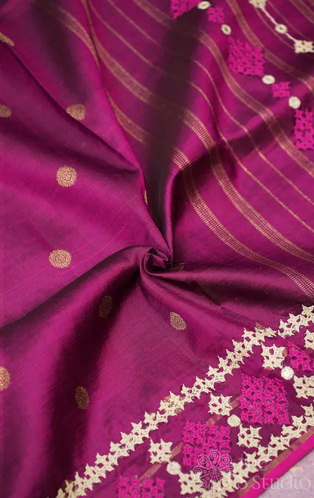 Magenta kanchipuram silk saree with hand kutch embroidered border