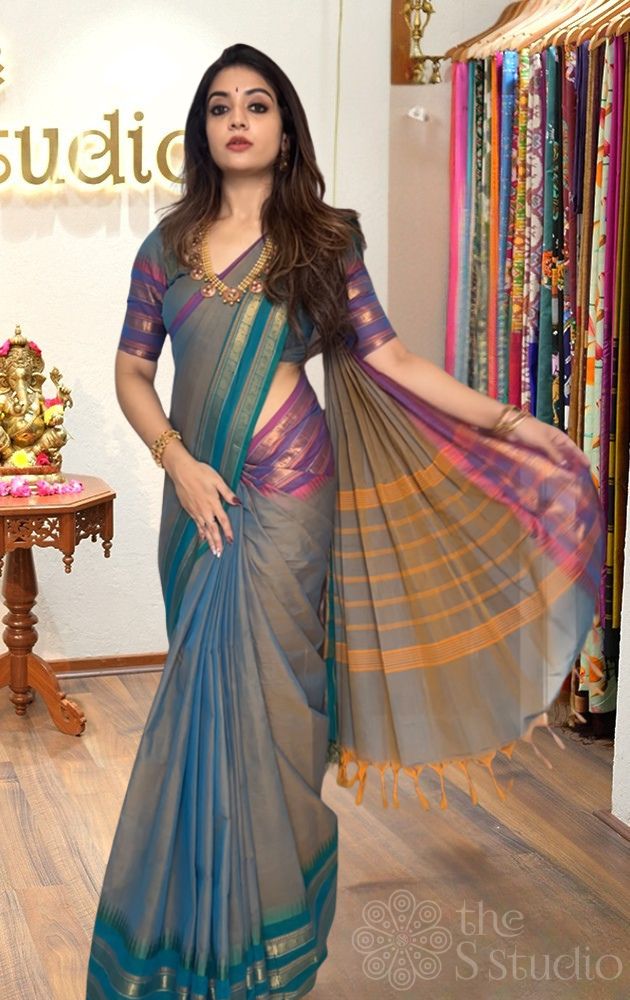 Grey Kanchi Cotton Saree with Ganga Jamuna and Zari Varisaipet Border