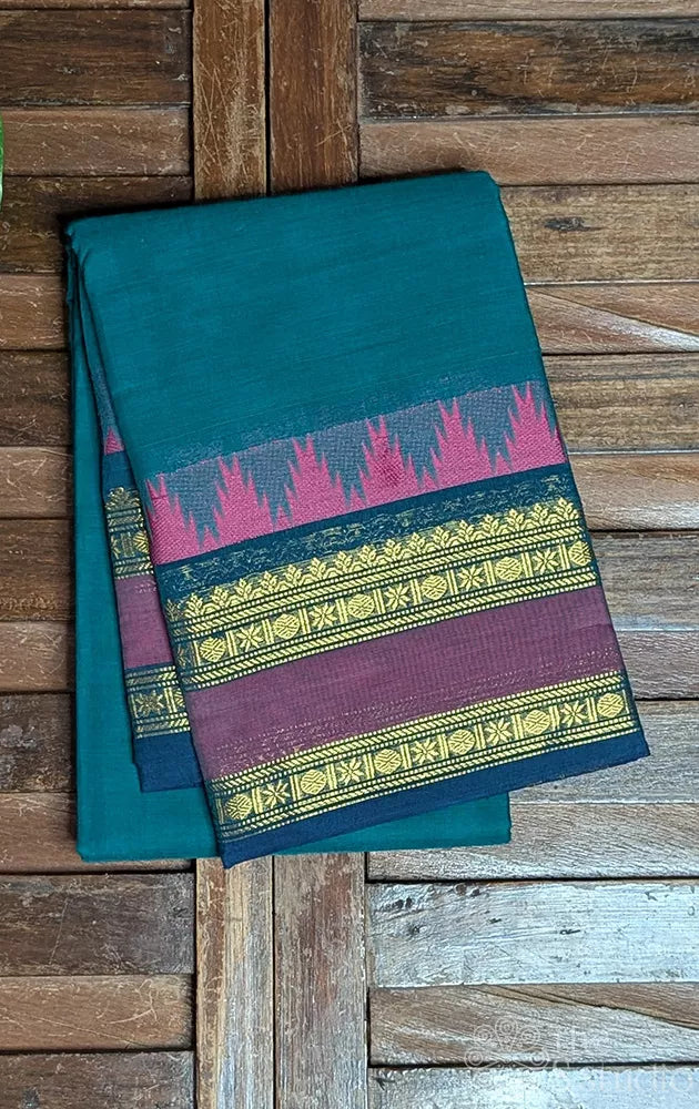 Teal green kanchi cotton saree with rettaipet border