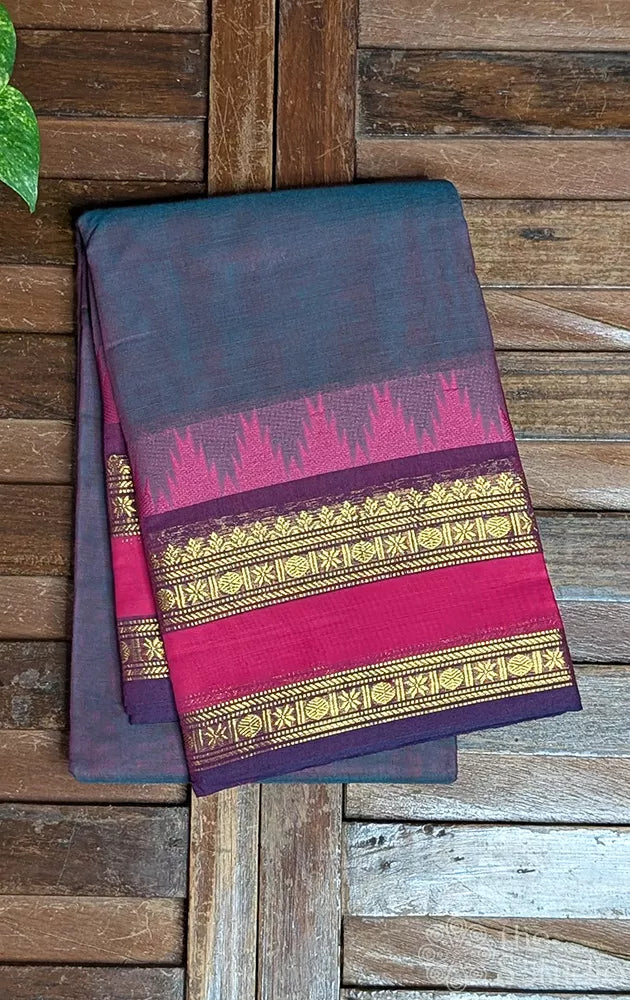 Bluish grey kanchi cotton saree with rettaipet temple border