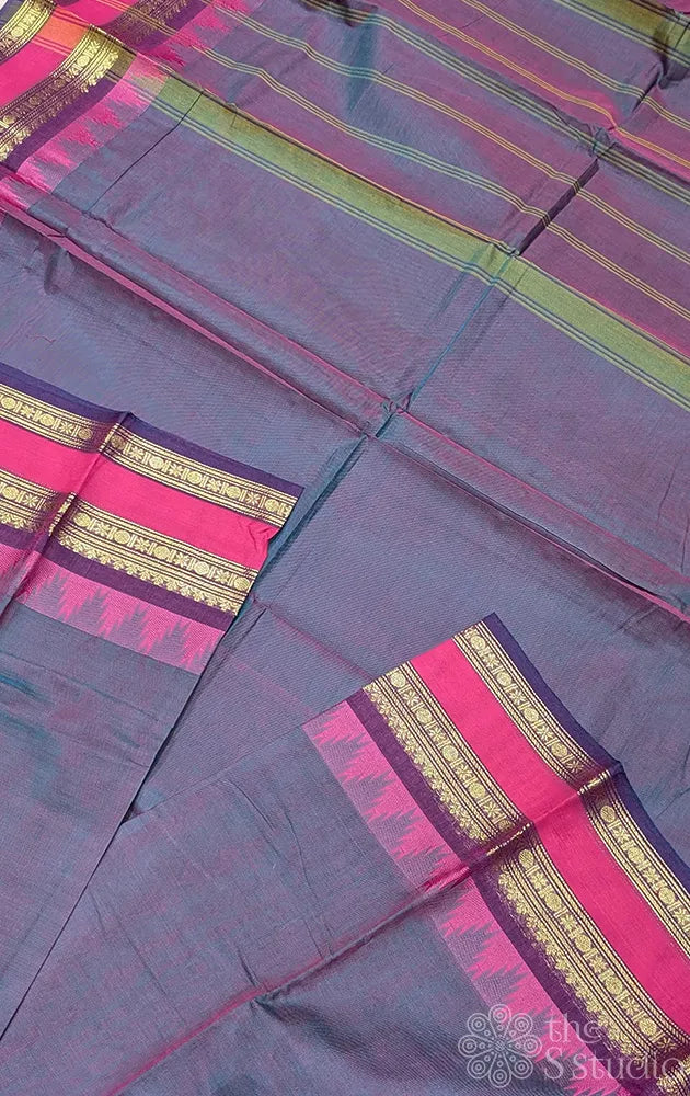 Bluish grey kanchi cotton saree with rettaipet temple border